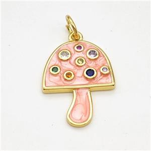 Copper Mushroom Pendant Pave Zirconia Pink Painted Gold Plated, approx 16-20mm [FD17973]