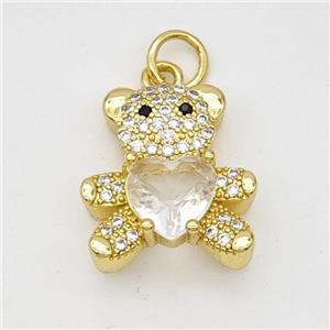Copper Bear Pendant Micropave Zirconia Clear Crystal Glass Gold Plated, approx 16-17mm [FD17978]