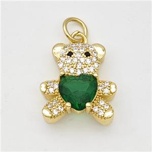 Copper Bear Pendant Micropave Zirconia Green Crystal Glass Gold Plated, approx 16-17mm [FD17979]