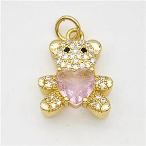 Copper Bear Pendant Micropave Zirconia Pink Crystal Glass Gold Plated, approx 16-17mm [FD17980]