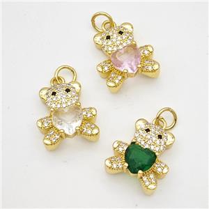 Copper Bear Pendant Micropave Zirconia Crystal Glass Gold Plated Mixed, approx 16-17mm [FD17981]