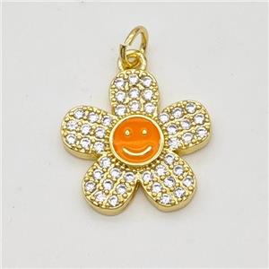 Copper Sunflower Pendant Pave Zirconia Orange Enamel Smileface Gold Plated, approx 17mm [FD17984]