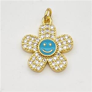Copper Sunflower Pendant Pave Zirconia Teal Enamel Smileface Gold Plated, approx 17mm [FD17985]