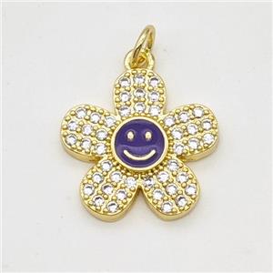 Copper Sunflower Pendant Pave Zirconia Purple Enamel Smileface Gold Plated, approx 17mm [FD17986]