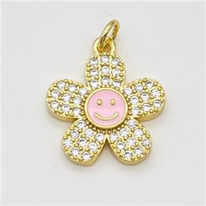 Copper Sunflower Pendant Pave Zirconia Pink Enamel Smileface Gold Plated, approx 17mm [FD17987]