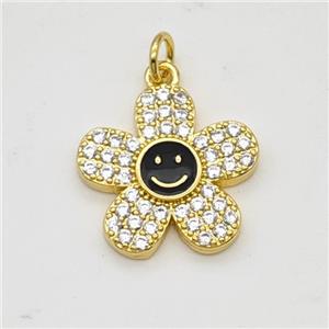 Copper Sunflower Pendant Pave Zirconia Black Enamel Smileface Gold Plated, approx 17mm [FD17988]