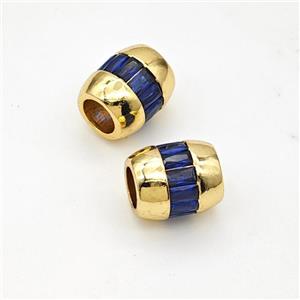 Copper Barrel Beads Micropave Blue Zirconia Large Hole Gold Plated, approx 9-11mm, 6mm hole [FD17995]