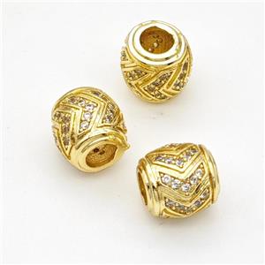 Copper Barrel Beads Micropave Zirconia Large Hole Gold Plated, approx 10mm [FD17999]