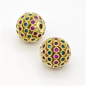 Copper Round Beads Micropave Multicolor Zirconia Hollow Gold Plated, approx 10mm [FD18023]