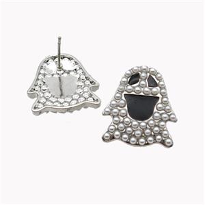 Halloween Ghost Charms Copper Stud Earrings Pave Pearlized Resin Black Enamel Platinum Plated, approx 20-22mm [FD18083]