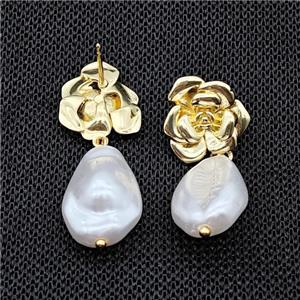 Copper Flower Stud Earrings With Pearlized Resin Gold Plated, approx 13-18mm, 14mm [FD18106]