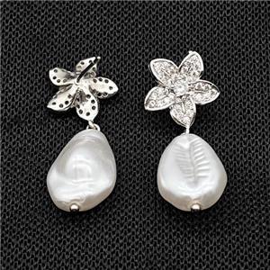 Copper Flower Stud Earrings With Pearlized Resin Platinum Plated, approx 13-18mm, 15mm [FD18107]