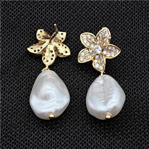 Copper Flower Stud Earrings With Pearlized Resin Gold Plated, approx 13-18mm, 15mm [FD18108]