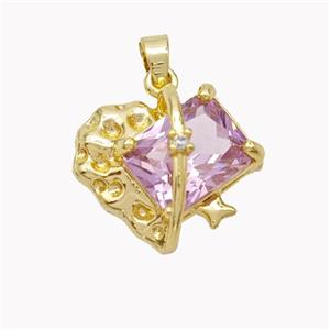 Copper Heart Pendant Pave Pink Crystal Glass Gold Plated, approx 16mm [FD18198]