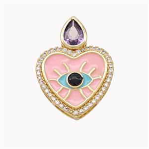 Copper Heart Pendant Pave Zirconia Pink Enamel Gold Plated, approx 18-24mm [FD18202]