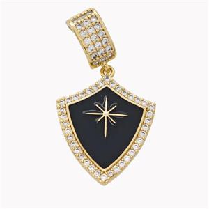Copper Shield Pendant Pave Zirconia Black Enamel Star Gold Plated, approx 19-20mm, 6-11mm, 4mm hole [FD18203]