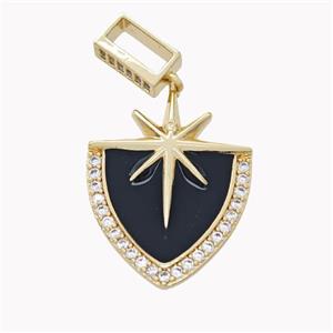Copper Shield Star Pendant Pave Zirconia Black Enamel Gold Plated, approx 20-25mm, 10mm, 3-8mm hole [FD18204]