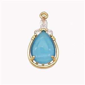 Copper Teardrop Pendant Pave Blue Cateye Glass Gold Plated, approx 12.5-22mm [FD18227]