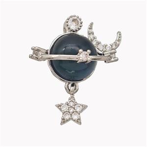 Copper Sun Pendant Pave Black Cateye Glass Moon Star Platinum Plated, approx 7mm, 10mm [FD18237]