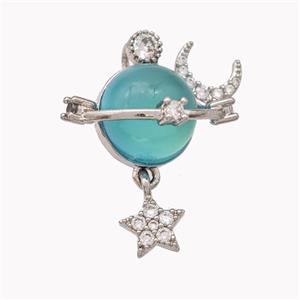 Copper Sun Pendant Pave Blue Cateye Glass Moon Star Platinum Plated, approx 7mm, 10mm [FD18238]