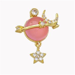 Copper Sun Pendant Pave Pink Cateye Glass Moon Star Gold Plated, approx 7mm, 10mm [FD18243]