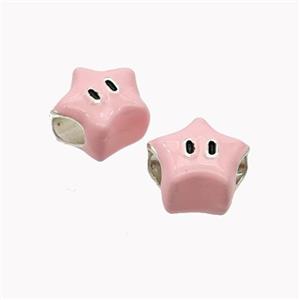 Copper Star Emoji Beads Pink Enamel Large Hole Platinum Plated, approx 11mm, 4mm hole [FD18346]