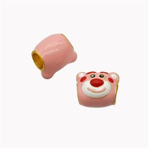 Copper Bear Beads Pink Enamel Large Hole Cartoon Gold Plated, approx 10-11mm, 4mm hole [FD18356]