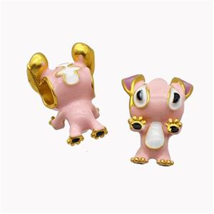 Copper Rabbit Beads Pink Enamel Large Hole Cartoon Gold Plated, approx 14-19mm, 4mm hole [FD18359]