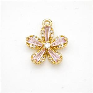 Copper Flower Pendant Pave Pink Crystal Glass Zirconia Gold Plated, approx 13.5mm [FD18377]
