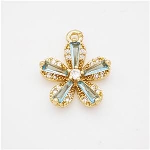 Copper Flower Pendant Pave Blue Crystal Glass Zirconia Gold Plated, approx 13.5mm [FD18378]