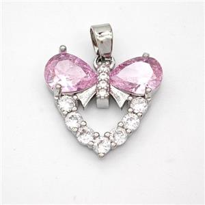 Copper Heart Pendant Pave Pink Crystal Glass Zirconia Platinum Plated, approx 15-17mm [FD18384]