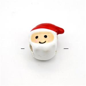 Christmas Santa Claus Charms Copper Beads White Red Enamel Large Hole Platinum Plated, approx 10-13mm, 4mm hole [FD18405]