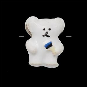 Copper Bear Beads White Enamel Large Hole Platinum Plated, approx 11-14mm, 4mm hole [FD18444]