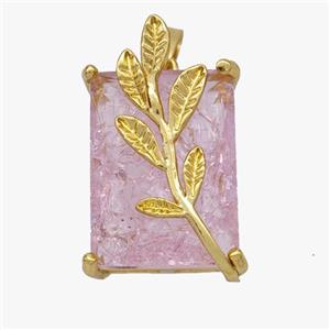 Copper Leaf Pendant Pave Pink Crystal Glass Rectangle Gold Plated, approx 13-20mm [FD18455]