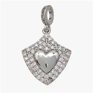 Copper Shield Pendant Pave Zirconia Heart Platinum Plated, approx 16-17mm, 4-6mm hole [FD18480]