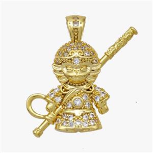 Monkey King Charms Copper Wukong Pendant Micropave Zirconia Gold Plated, approx 16-23mm [FD18485]