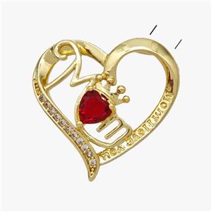 Copper Heart Pendant Pave Red Crystal Glass MOM Gold Plated, approx 23mm [FD18492]