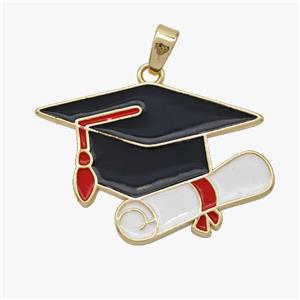 Copper Bachelor Cap Pendant Black White Enamel Graduation Gold Plated, approx 20-26mm [FD18514]