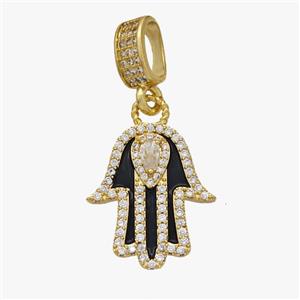 Copper Hamsa Hand Pendant Pave Zirconia Black Enamel Gold Plated, approx 19-22mm, 6-11mm [FD18519]