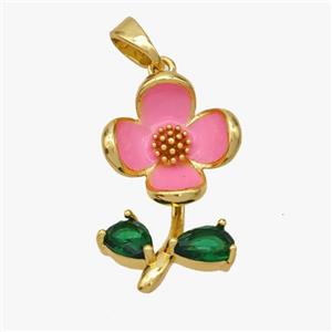 Copper Flower Pendant Pave Crystal Glass Pink Enamel Gold Plated, approx 13-22mm [FD18548]