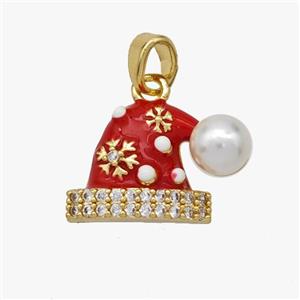 Christmas Hat Charms Copper Pendant Pave Zirconia Resin Red Enamel Gold Plated, approx 11-18mm [FD18555]