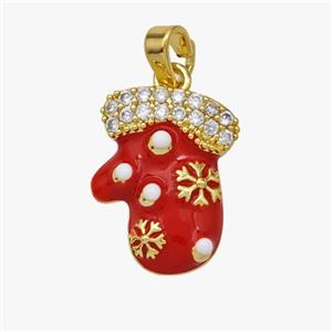 Christmas Mitten Charms Copper Pendant Pave Zirconia Red Enamel Gold Plated, approx 13-18mm [FD18557]