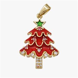 Christmas Tree Copper Pendant Pave Zirconia Red Enamel Gold Plated, approx 16-21mm [FD18561]