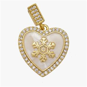 Copper Heart Pendant Pave Zirconia White Enamel Snowflake Gold Plated, approx 18mm, 5-7mm [FD18574]