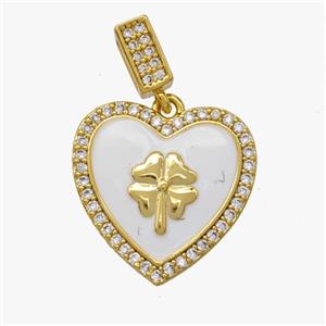 Copper Heart Pendant Pave Zirconia White Enamel Clover Gold Plated, approx 18mm, 5-7mm [FD18575]