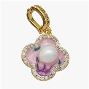 Copper Clover Pendant Pave Zirconia Pearl Painted Gold Plated, approx 18mm, 8-11mm [FD18577]