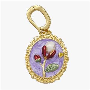 Copper Flower Pendant Pave Pearl Purple Painted Gold Plated, approx 18-20mm, 8-11mm [FD18578]