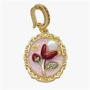 Copper Flower Pendant Pave Pearl Painted Gold Plated, approx 18-20mm, 8-11mm [FD18580]