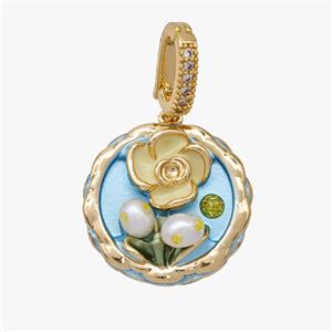 Copper Flower Pendant Pave Pearl Painted Gold Plated, approx 22mm, 8-11mm [FD18584]