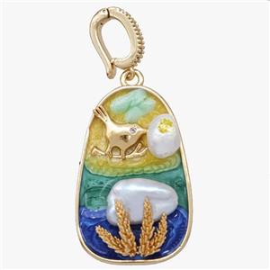Copper Birds Pendant Pave Pearl Painted Gold Plated, approx 20-30mm, 8-11mm [FD18588]